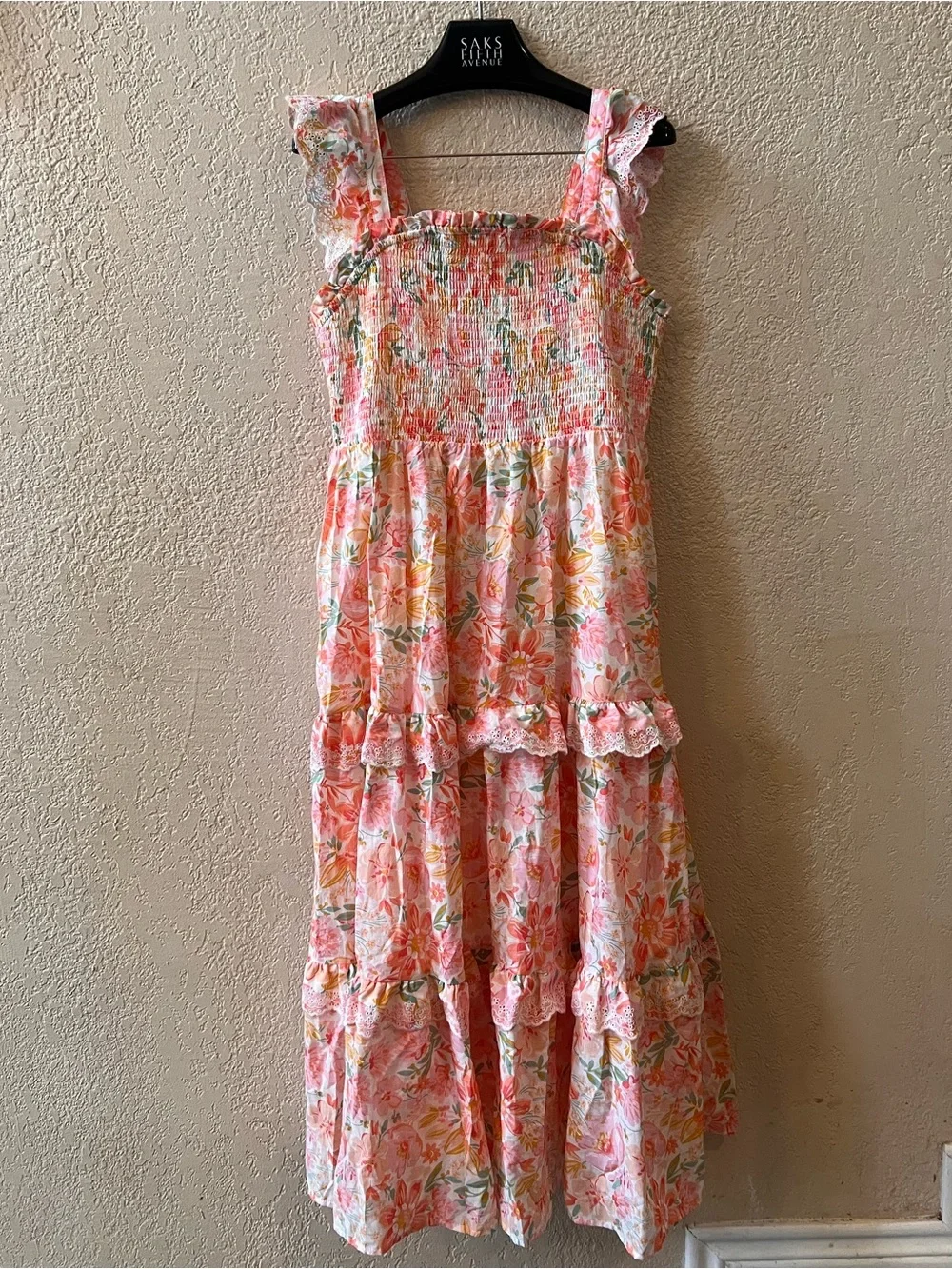 Haute Hippie Dress Sz 12 Pink White Floral Tiered Ruffle Smocked Midi Boho Beach - Picture 3 of 8